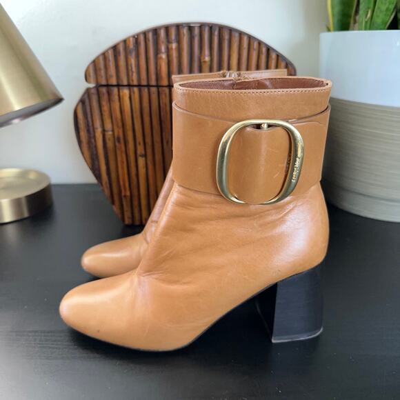 SEE BY CHLOE Hopper Leather Buckle Boots Block Heel Tan Brown Camel - Picture 5 of 9